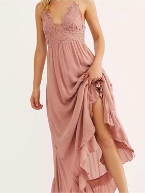 Free People One Festival Boho Lace Crinkle Adella Maxi Slip Dress in Rose